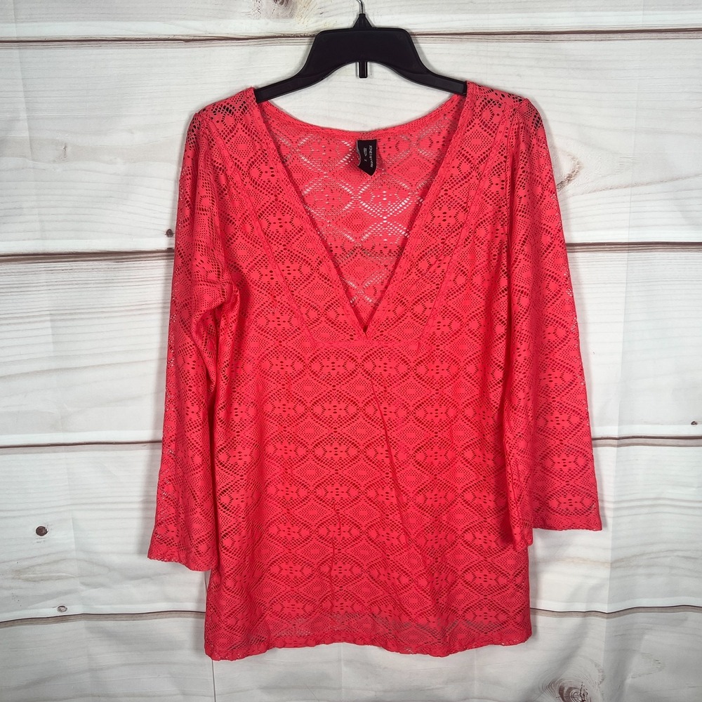 Jones New York Top Womens Small Orange V-Neck Cover Up Open Knit Pullover Solid